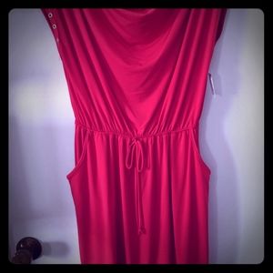 Red dress with pockets and gold around arm